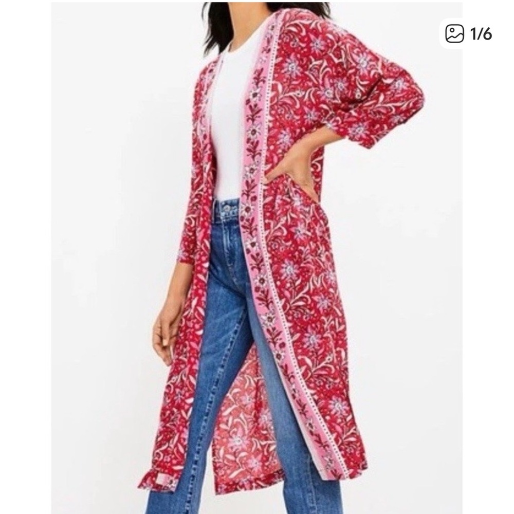 LOFT Floral Pink and Red Kimono/Duster Open Cardigan